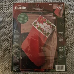 Plaid Bucilla  Counted Cross Stitch Poinsettia & Berries Stocking 2002‎ 84849